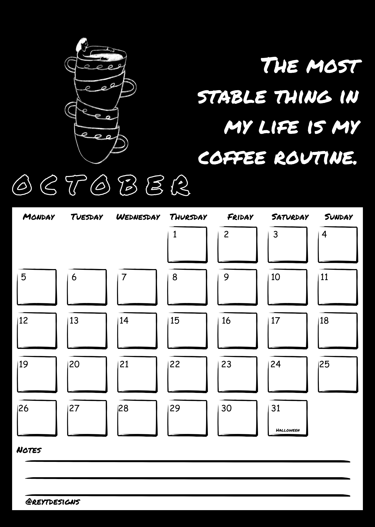 2026 Wall Calendar with Coffee Quotes and Doodles