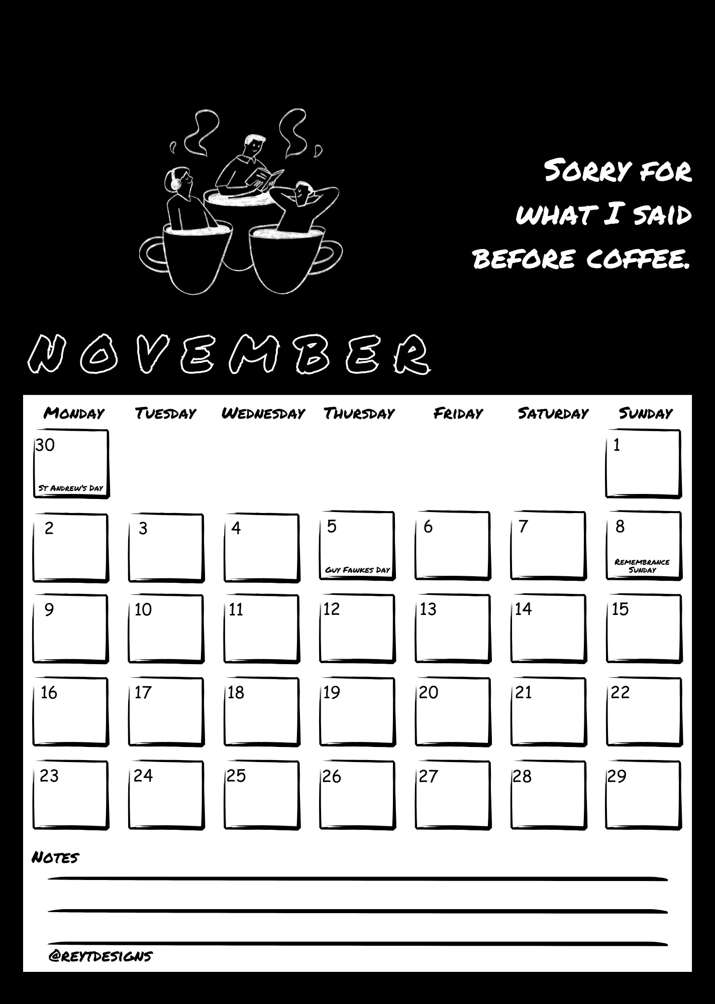 2026 Wall Calendar with Coffee Quotes and Doodles