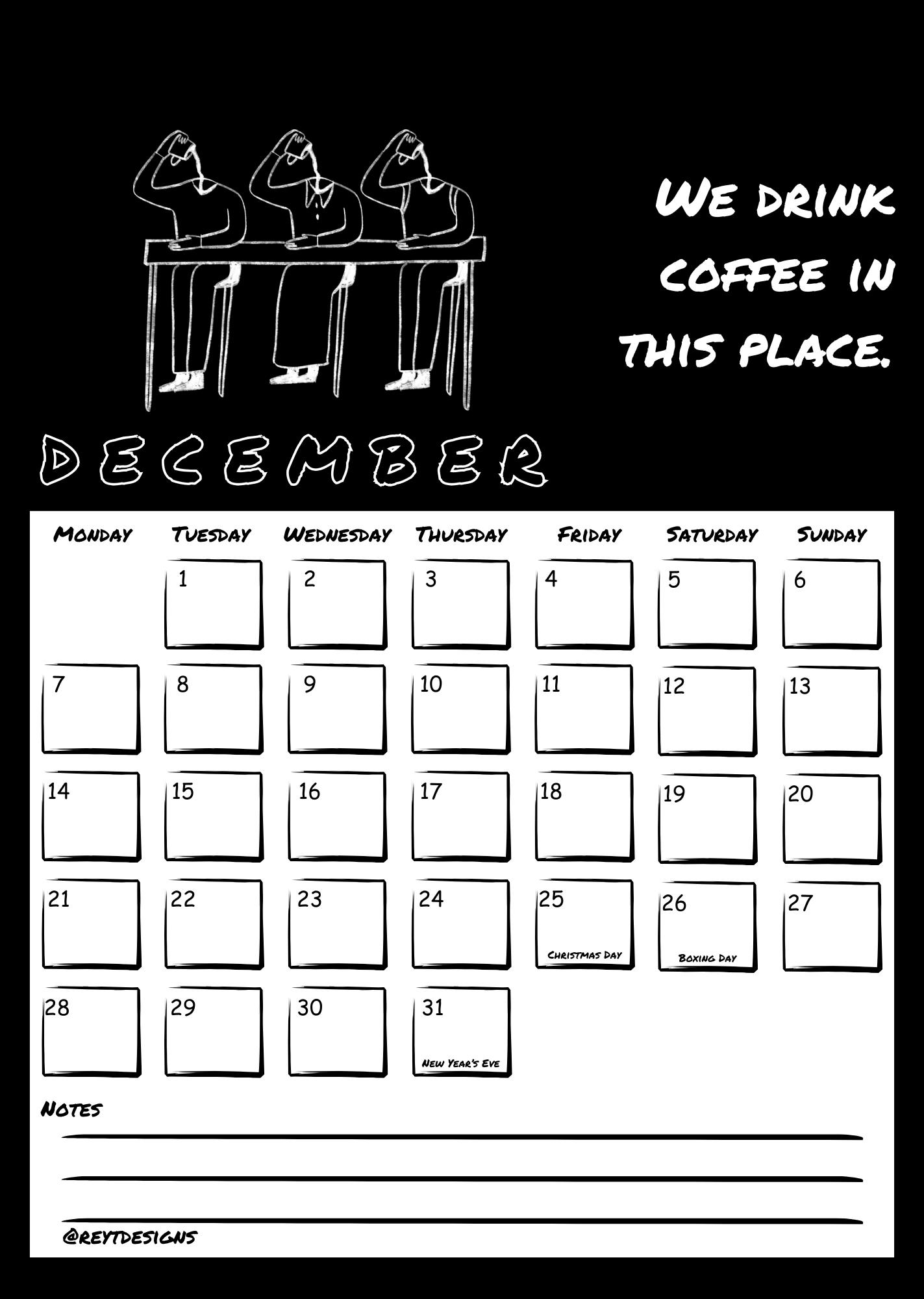 2026 Wall Calendar with Coffee Quotes and Doodles