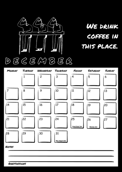 2026 Wall Calendar with Coffee Quotes and Doodles