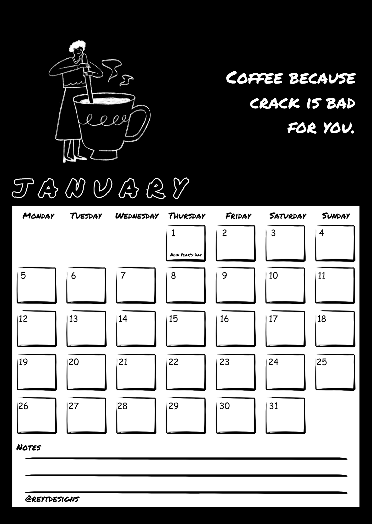 2026 Wall Calendar with Coffee Quotes and Doodles