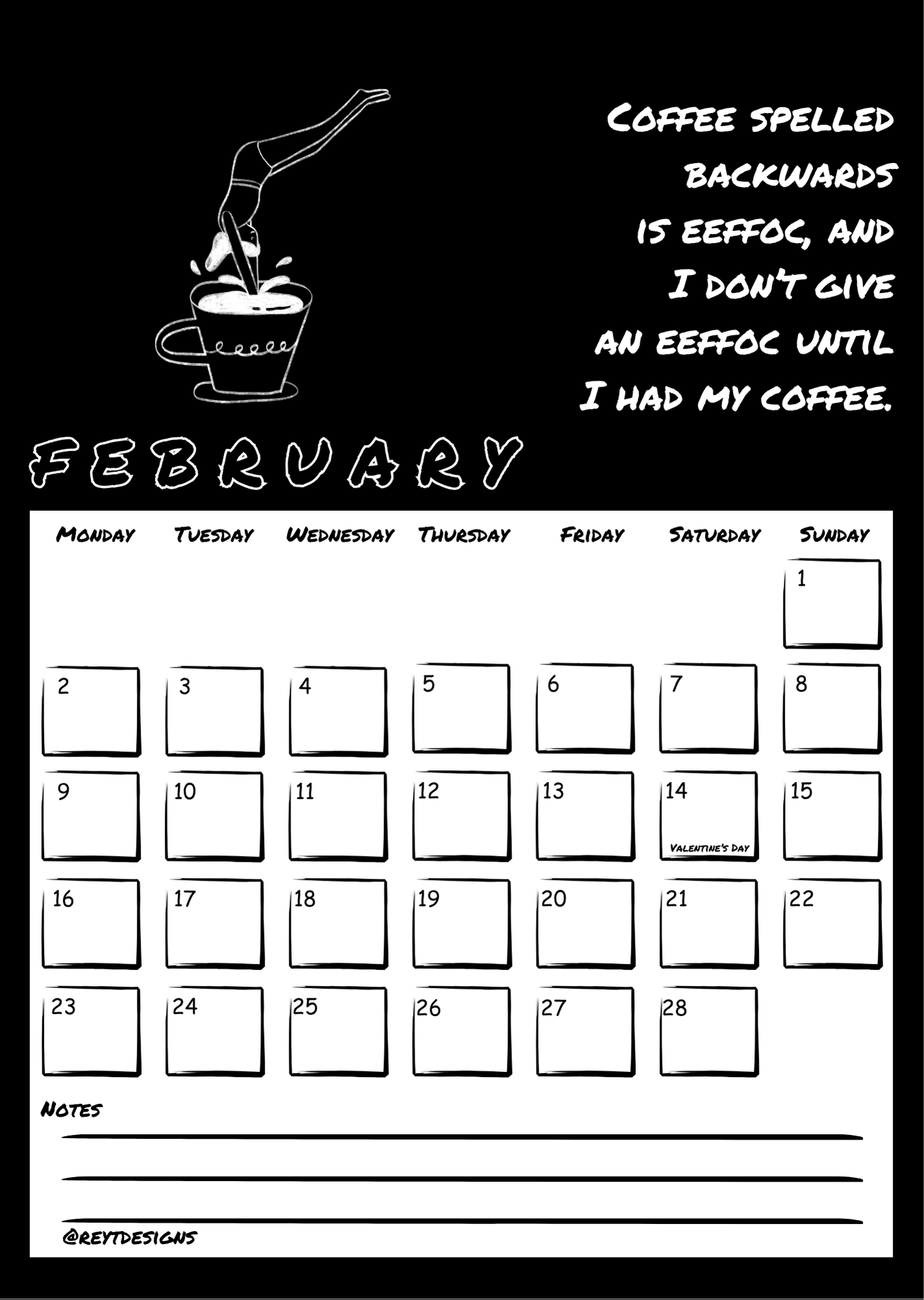 2026 Wall Calendar with Coffee Quotes and Doodles