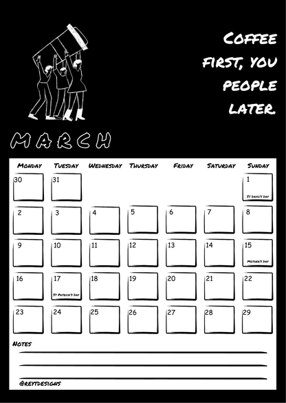 2026 Wall Calendar with Coffee Quotes and Doodles