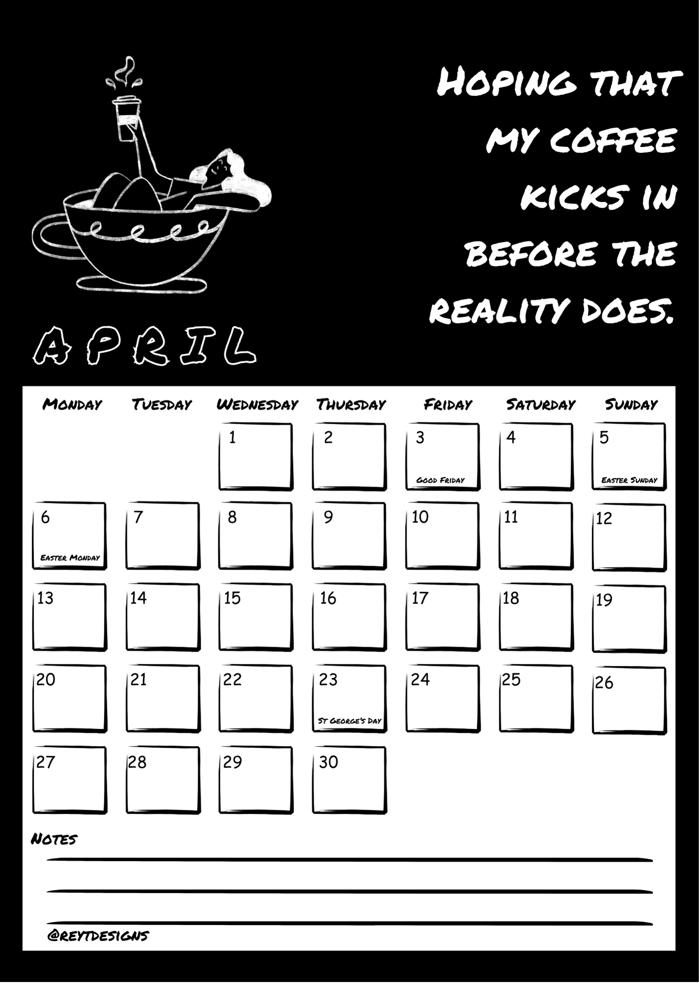 2026 Wall Calendar with Coffee Quotes and Doodles