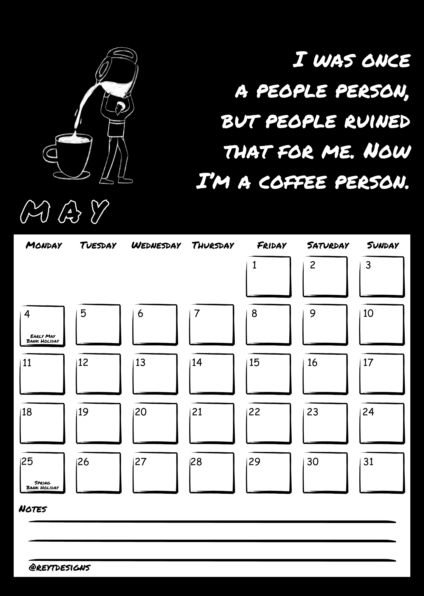2026 Wall Calendar with Coffee Quotes and Doodles