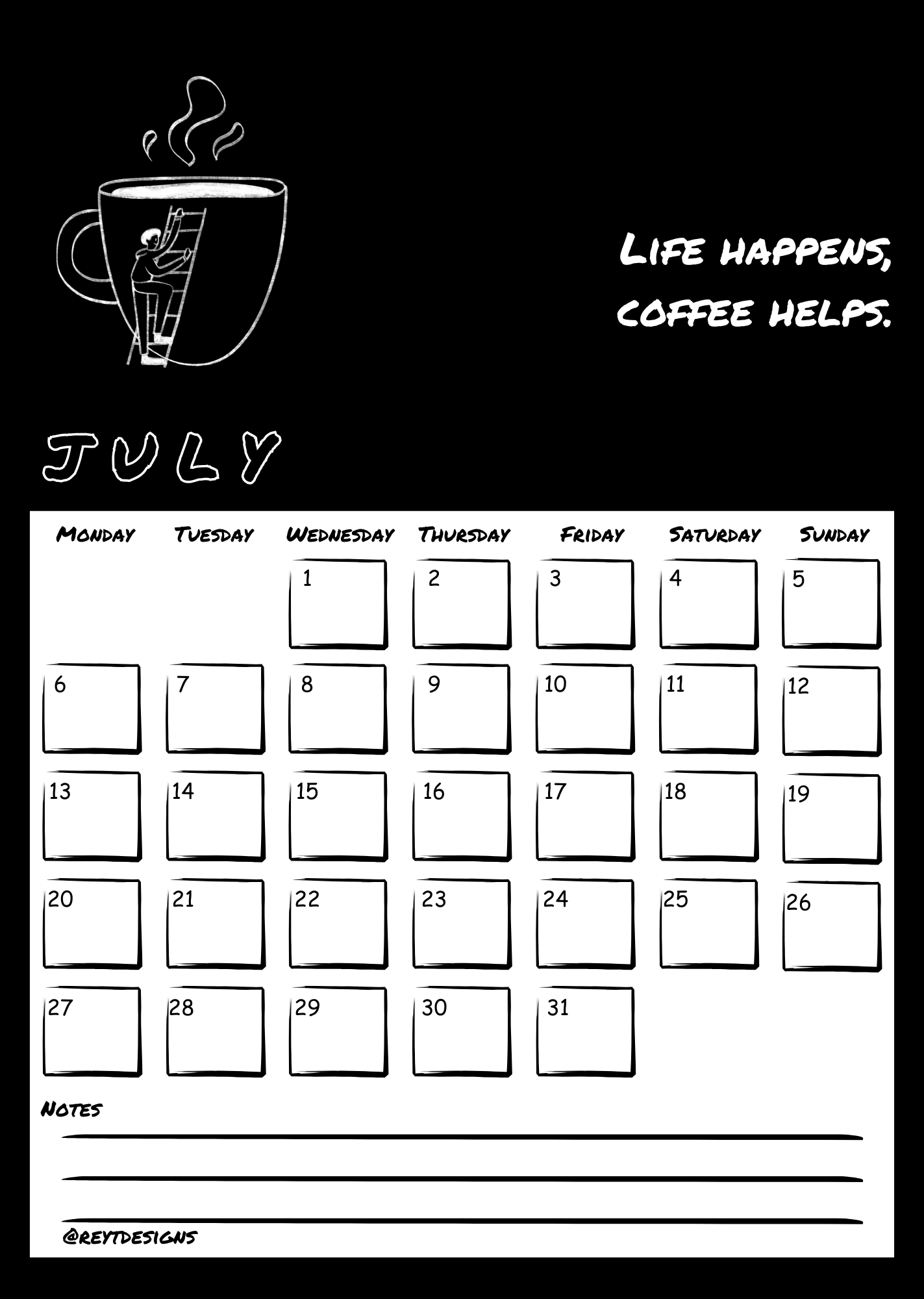 2026 Wall Calendar with Coffee Quotes and Doodles