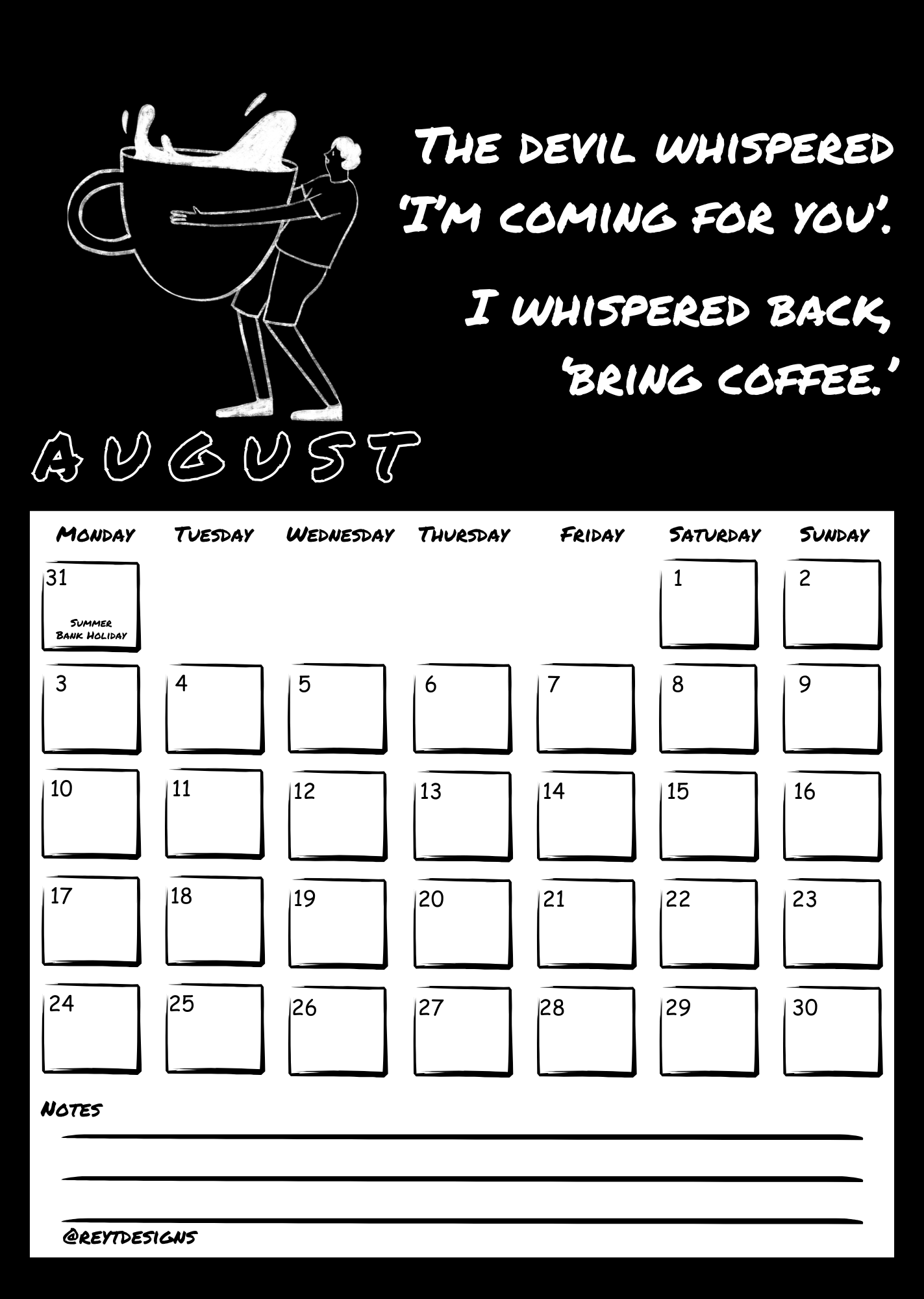 2026 Wall Calendar with Coffee Quotes and Doodles