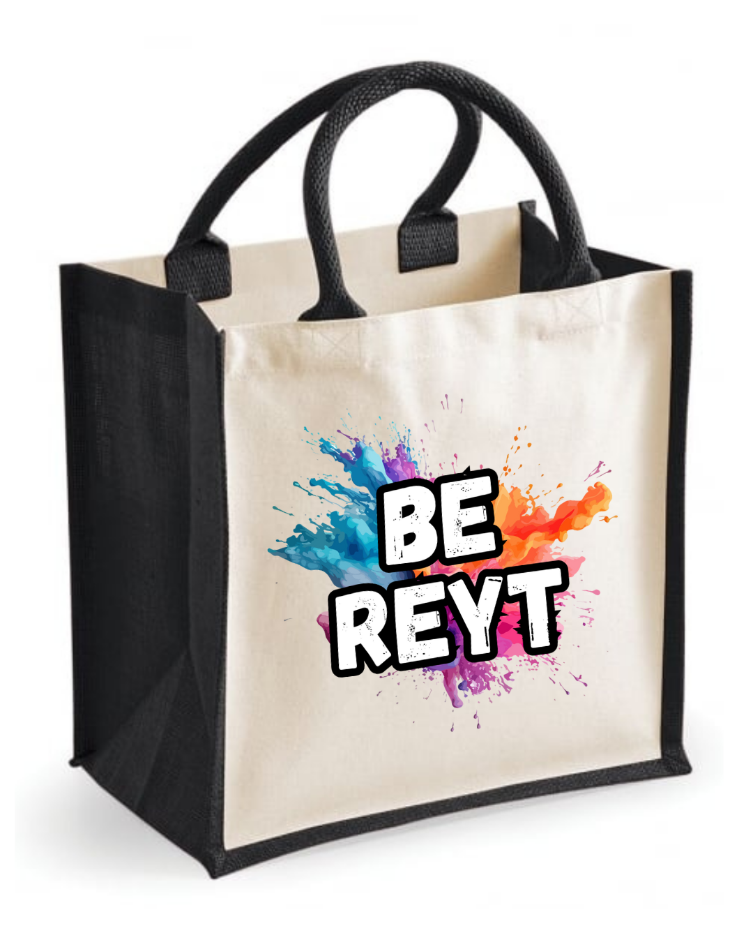 Midi jute tote bag with the quote “Be Reyt”