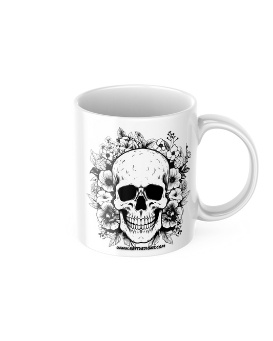 Skull With Flowers And Leaves - Ceramic Mug