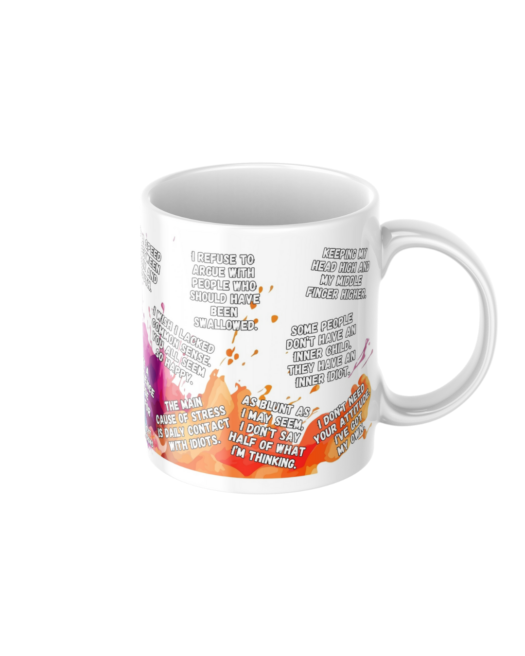 Funny affirmations ceramic mug featuring 15 non-sweary motivational quotes
11oz glossy ceramic mug with light-hearted funny quotes printed on both sides
Wholesome humorous coffee mug for tea and coffee lovers