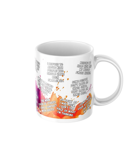 Funny affirmations ceramic mug featuring 15 non-sweary motivational quotes
11oz glossy ceramic mug with light-hearted funny quotes printed on both sides
Wholesome humorous coffee mug for tea and coffee lovers