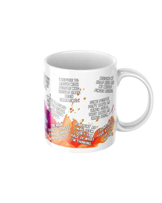 Funny affirmations ceramic mug featuring 15 non-sweary motivational quotes
11oz glossy ceramic mug with light-hearted funny quotes printed on both sides
Wholesome humorous coffee mug for tea and coffee lovers