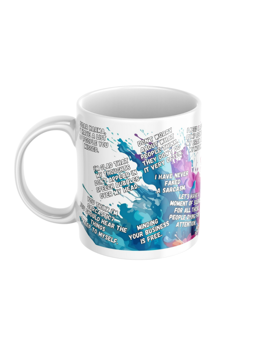 Funny affirmations ceramic mug featuring 15 non-sweary motivational quotes
11oz glossy ceramic mug with light-hearted funny quotes printed on both sides
Wholesome humorous coffee mug for tea and coffee lovers