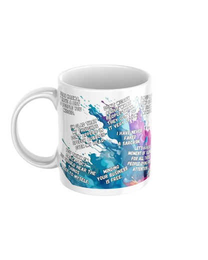 Funny affirmations ceramic mug featuring 15 non-sweary motivational quotes
11oz glossy ceramic mug with light-hearted funny quotes printed on both sides
Wholesome humorous coffee mug for tea and coffee lovers