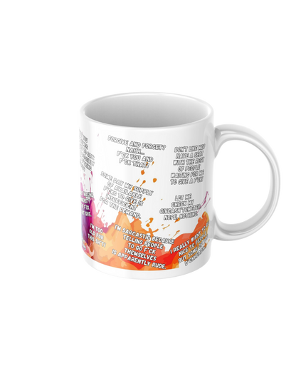 Funny affirmations ceramic mug featuring 15 sweary motivational quotes
11oz glossy ceramic mug with sarcastic affirmations printed on both sides
Sweary quote coffee mug for tea and coffee lovers