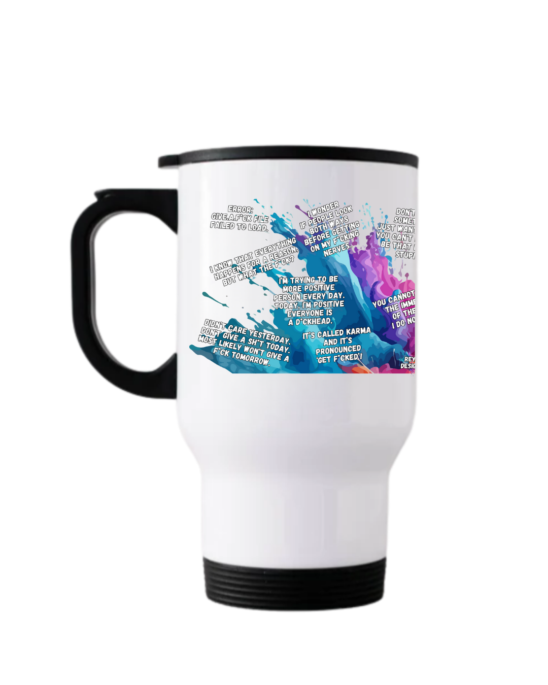Funny travel mug featuring best 15 sweary slogans design