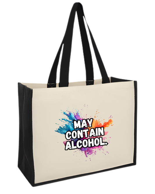 Maxi jute shopper bag with the quote May contain alcohol