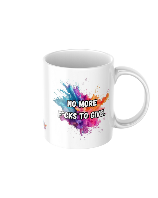 No more f*cks to give funny ceramic mug
11oz glossy ceramic mug with sweary humour printed on both sides
Funny coffee mug for tea and coffee lovers
