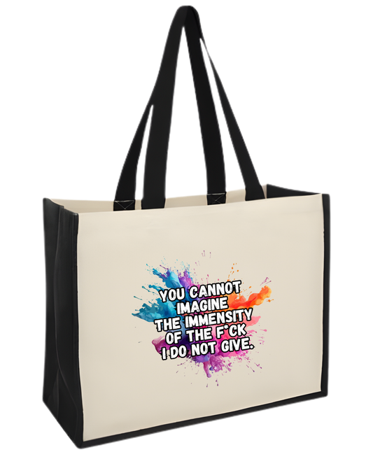 Maxi jute shopper tote bag with the quote “You cannot imagine the immensity of the f*ck I do not give”