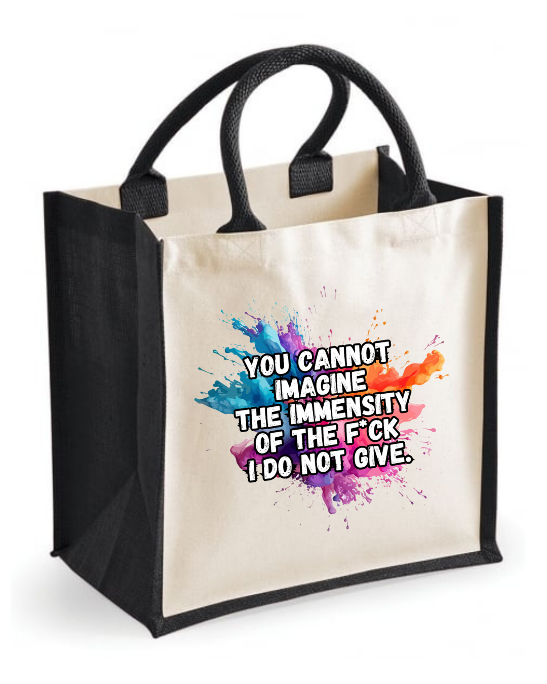 Midi jute tote bag with the quote “You cannot imagine the immensity of the f*ck I do not give”