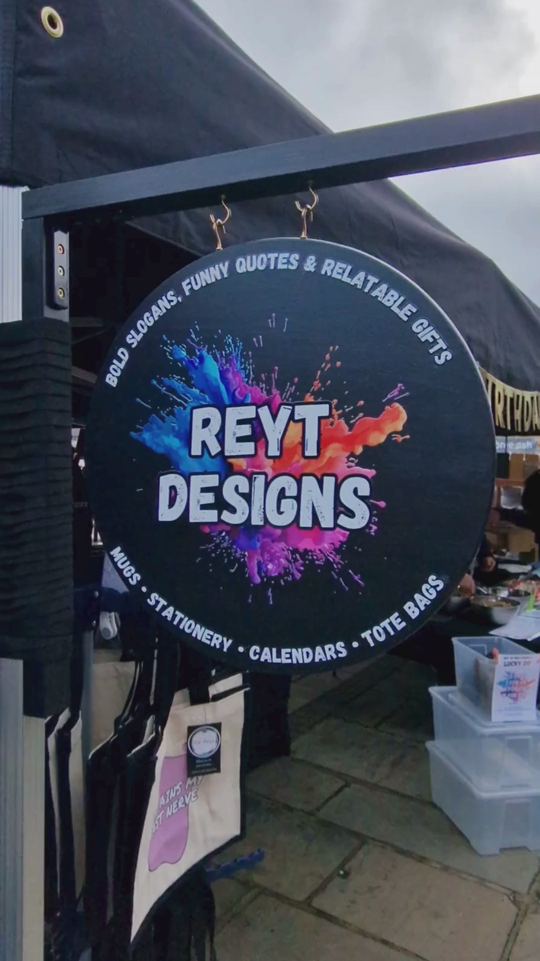 Handmade double-sided bamboo gazebo sign displayed on market stall gazebo, fully personalised